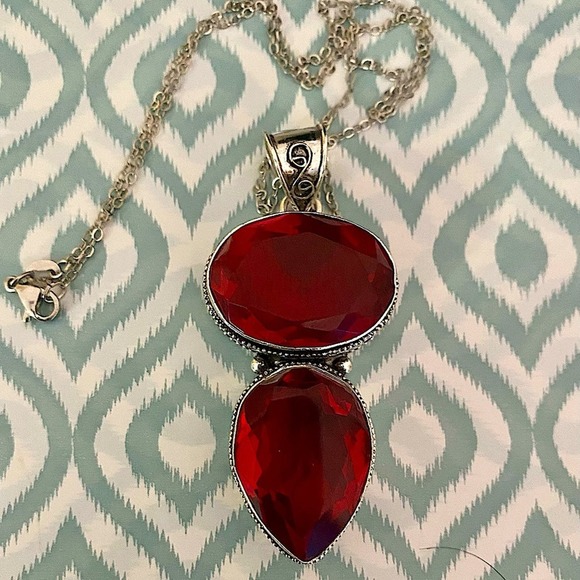 Antique Ruby Pendant Necklace, Sterling Silver, Double Gemstone, Statement - Picture 7 of 11
